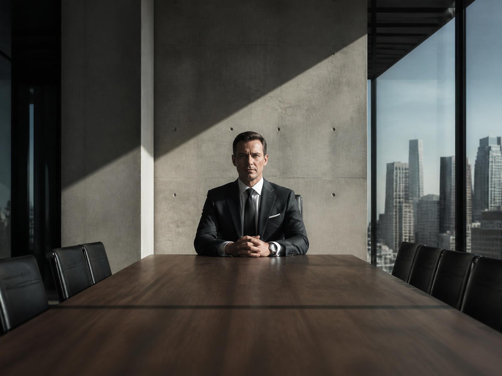 Executive in a brutalist boardroom, city skyline behind