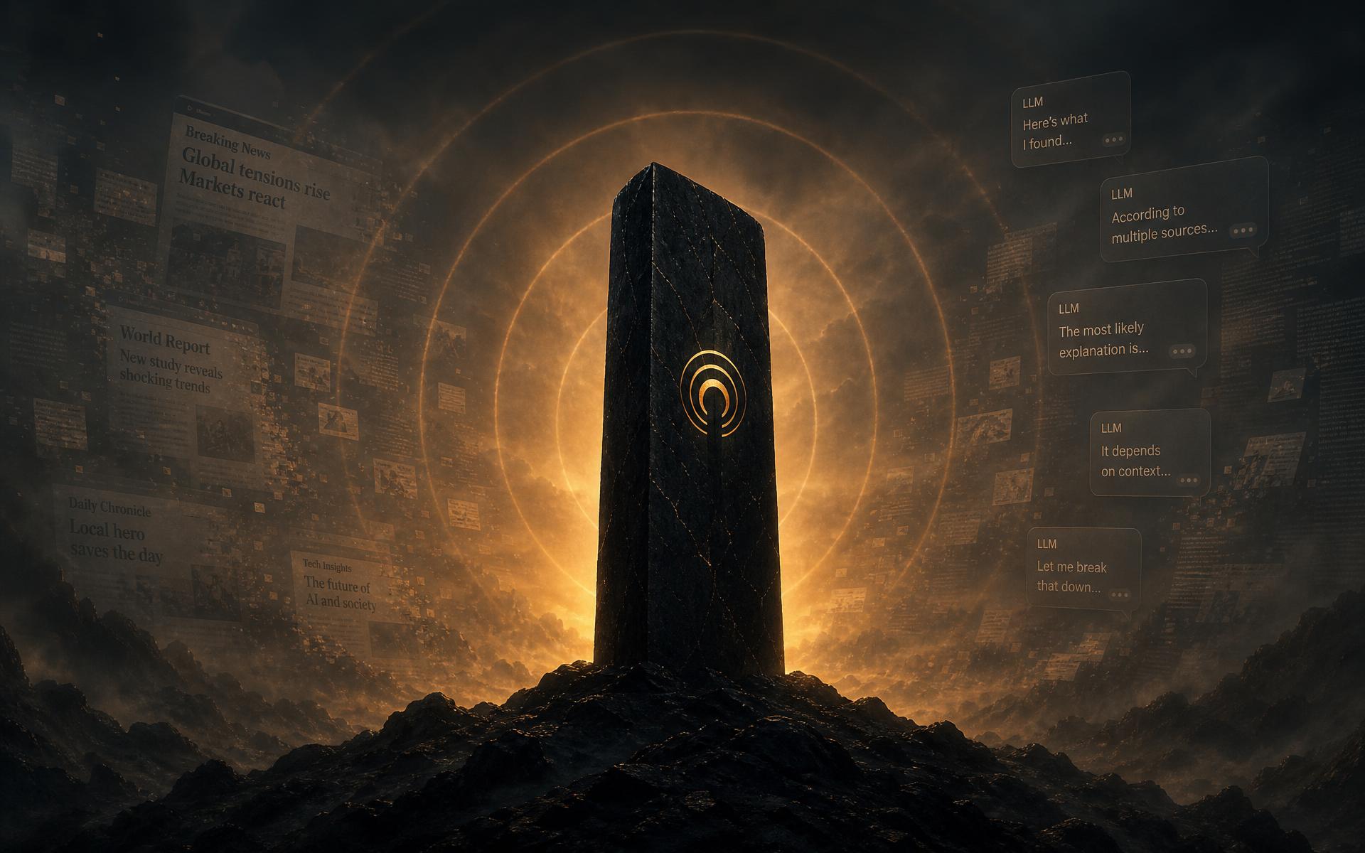 Obsidian monolith at center with radiating signal rings and web media mentions in the mist